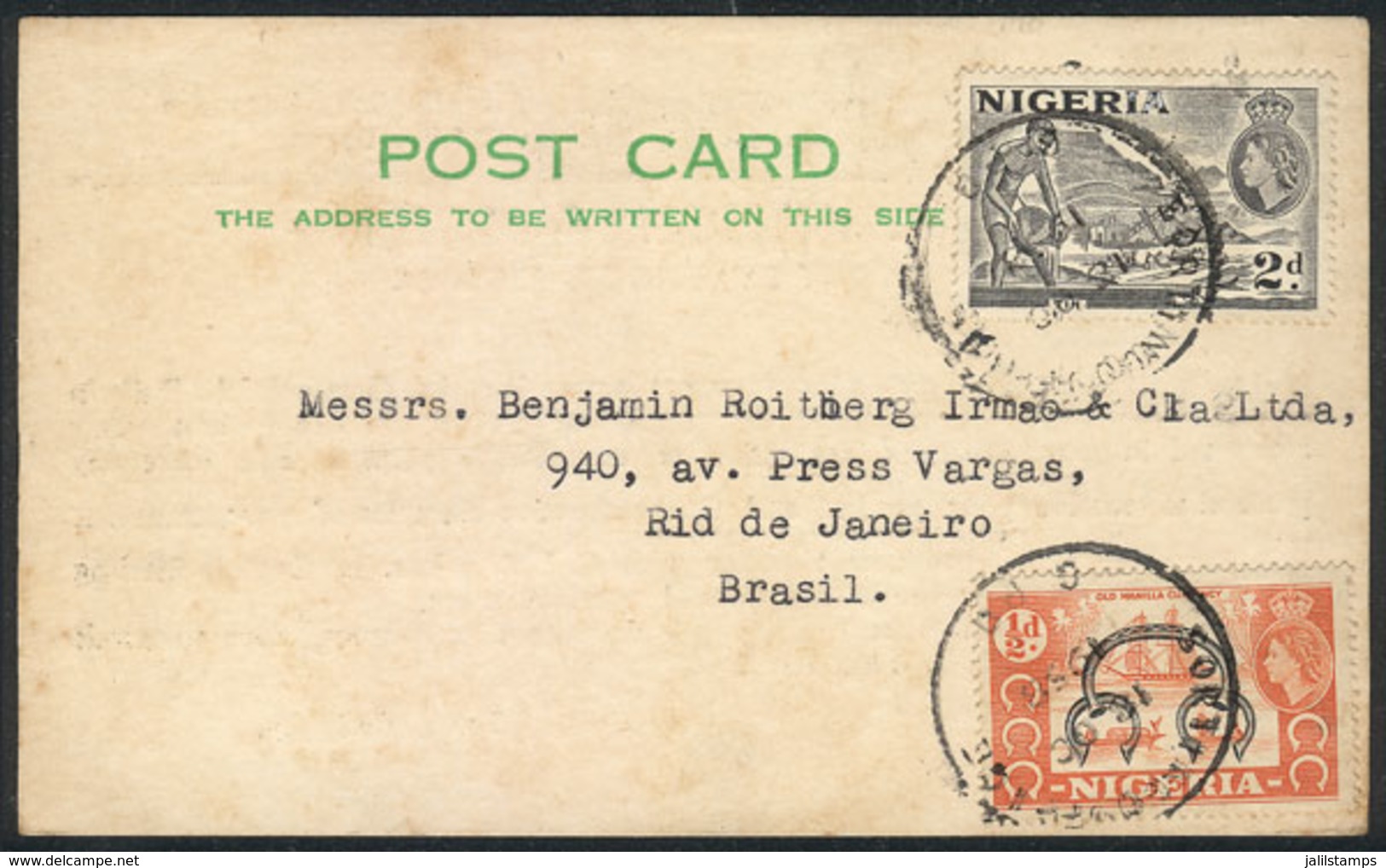 NIGERIA: Commercial Postcard Franked With 2½p., Sent From Lagos To Brazil On 17/OC/1958, Unusual Destination, VF Quality - Nigeria (...-1960)