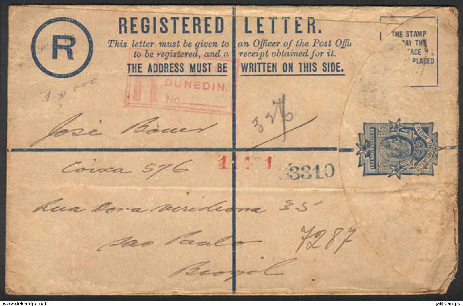 NEW ZEALAND: Envelope For Registered Letter Sent From Dunedin To BRAZIL On 17/FE/1904 With Transit Via Montevideo, Missi - Briefe U. Dokumente