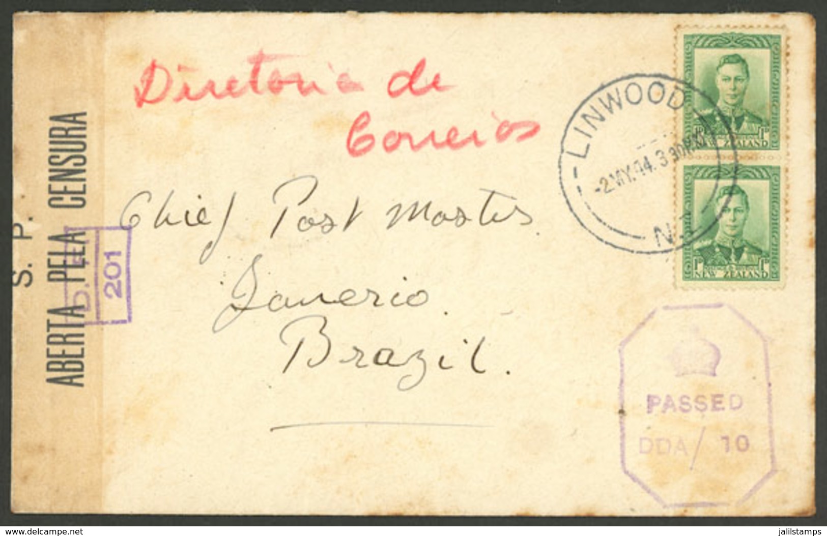 NEW ZEALAND: 2/MAY/1944 Linwood - Rio De Janeiro (Brazil), Cover Sent To The Chief Postmaster Franked With 2p. And With  - Lettres & Documents