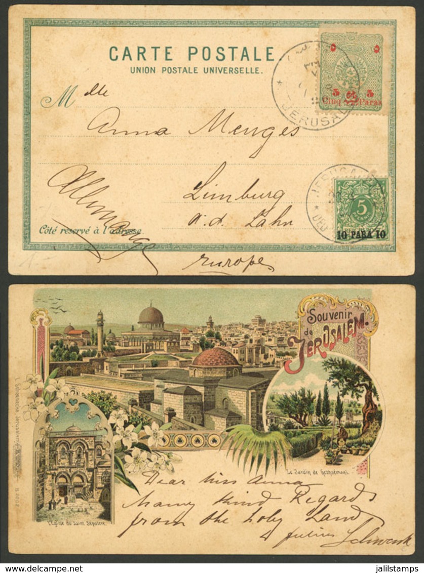 PALESTINE: Beautiful Litho PC With Nice And Colorful View Of Jerusalem, Sent To Germany On 30/AP/1900 With Mixed Postage - Palestine