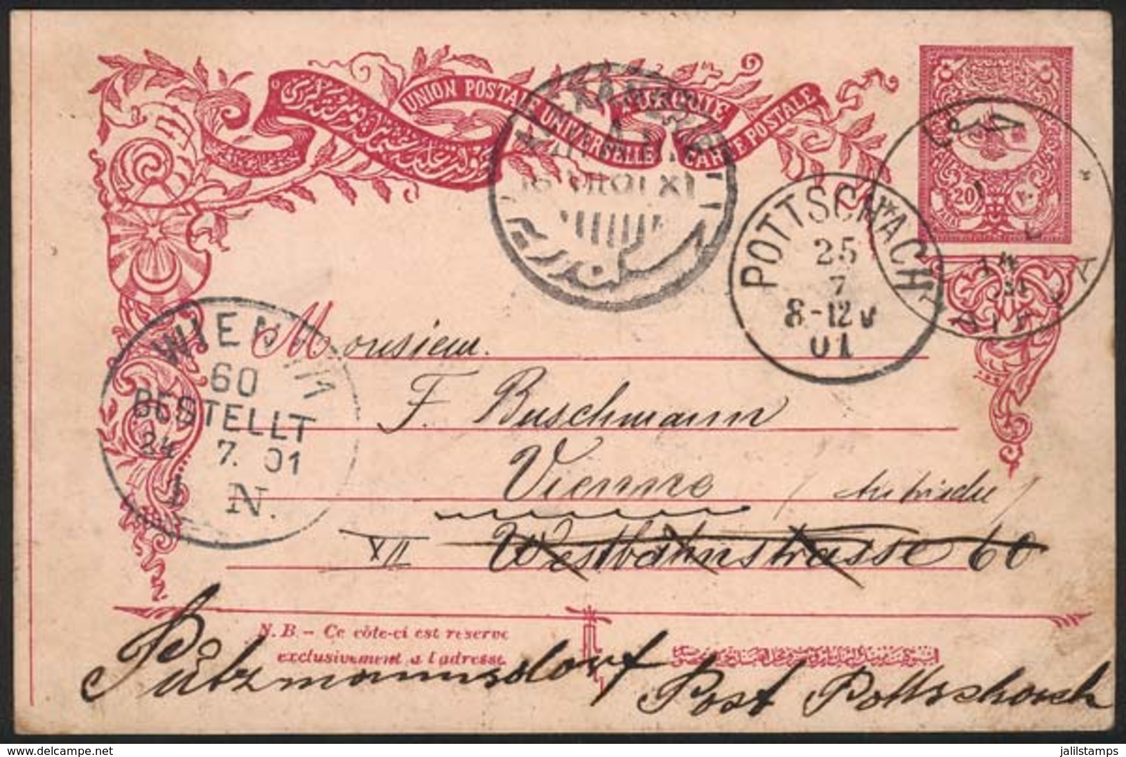 PALESTINE: 20pa. Postal Card Of TURKEY, Sent From HAIFA To Wien On 14/JUL/1901 And Forwarded To Pottschach, With Transit - Palestine