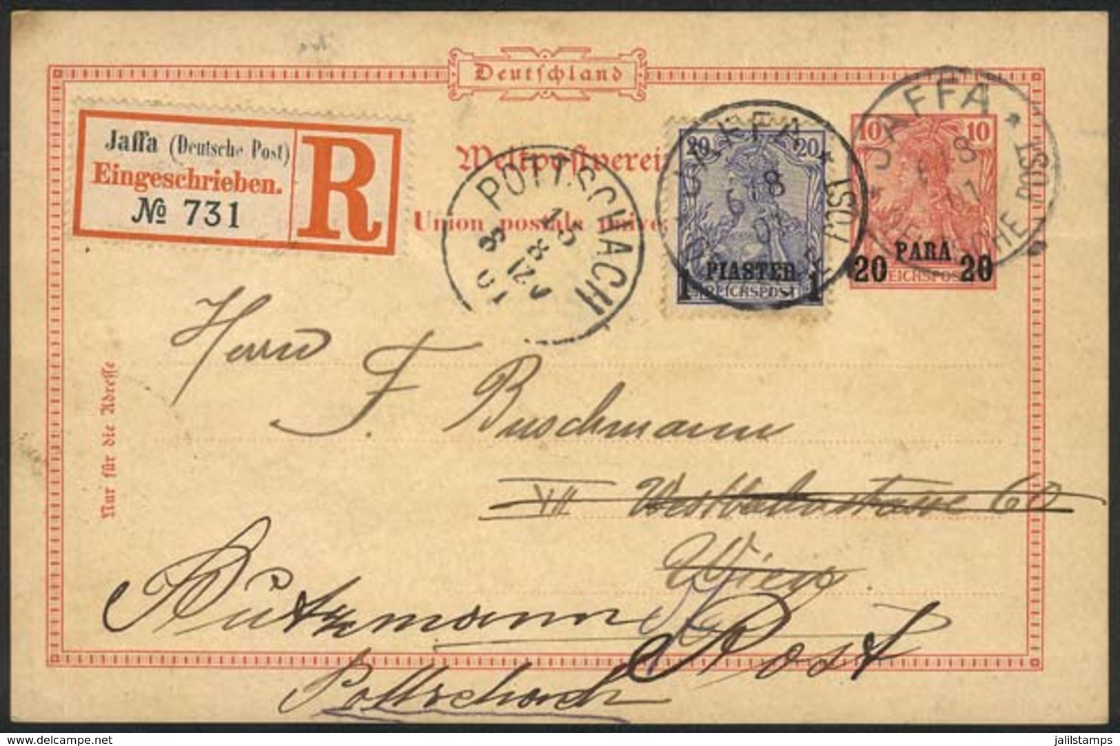 PALESTINE: 20pa. Postal Card Of The German Offices In The Turkish Empire + 1Pi. Stamp, Sent By REGISTERED Mail From JAFF - Palestine