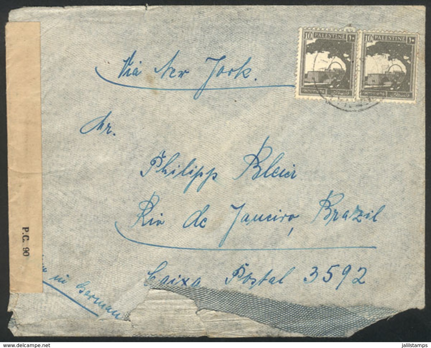 PALESTINE: Airmail Cover Sent From Nahalat Yehuda To Rio De Janeiro Circa 1944, Censored, Opening Defect, Low Start! - Palestine