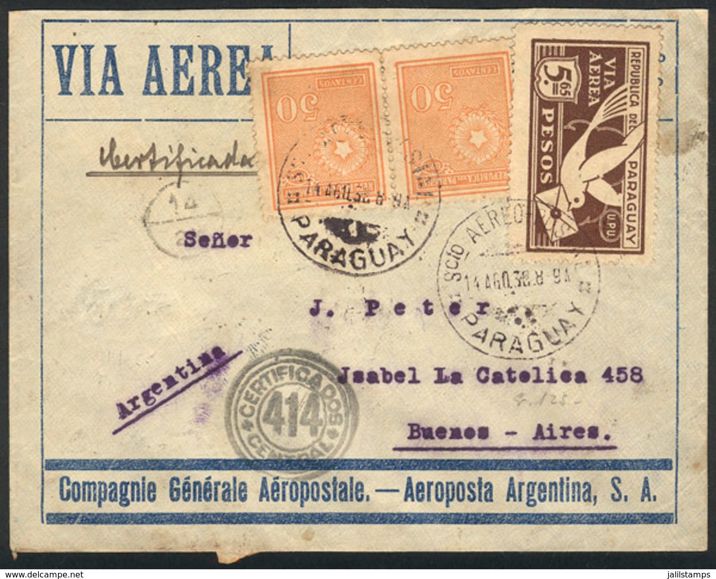 PARAGUAY: Registered Airmail Cover Sent From Asunción To Buenos Aires On 14/AU/1930 By AEROPOSTA ARGENTINA S.A., VF Qual - Paraguay