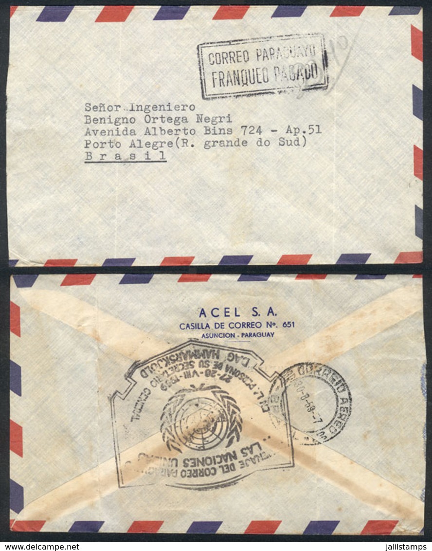 PARAGUAY: Stampless Cover (handstamped: CORREO PARAGUAYO - FRANQUEO PAGADO) Sent To Brazil In AUG/1959, With Interesting - Paraguay