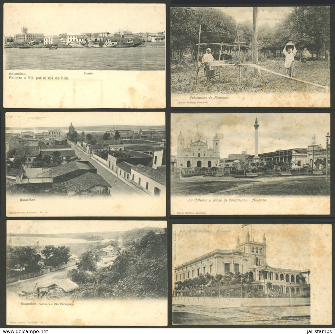 PARAGUAY: ASUNCIÓN: 6 Old Cards With Good Views: Port, General View Of The City, Salinares, Hammocks, Cathedral And Cons - Paraguay