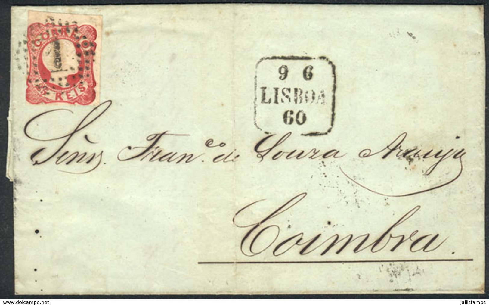 PORTUGAL: Entire Letter Franked With 25Rs., Sent From Lisboa To Coimbra On 9/JUN/1860, VF Quality! - Autres & Non Classés