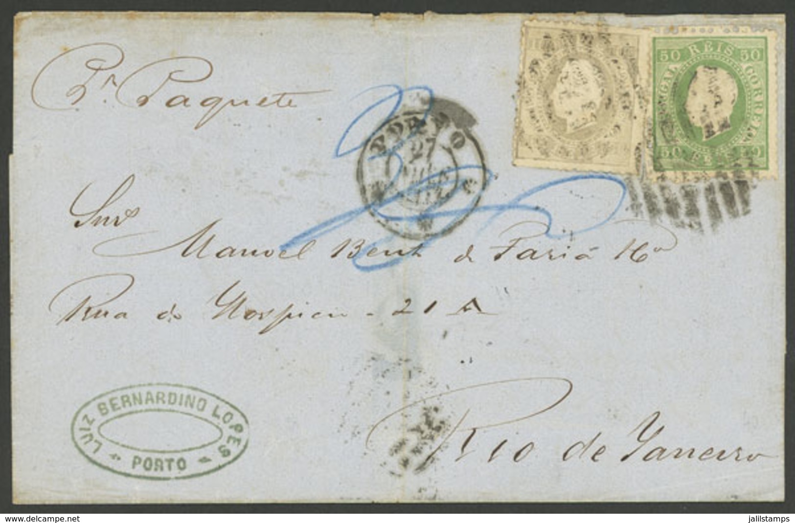 PORTUGAL: Folded Cover Sent From Porto To Rio De Janeiro On 27/NO/1873 Franked With 150Rs. (Sc.42 + 45), With Nice Marki - Other & Unclassified