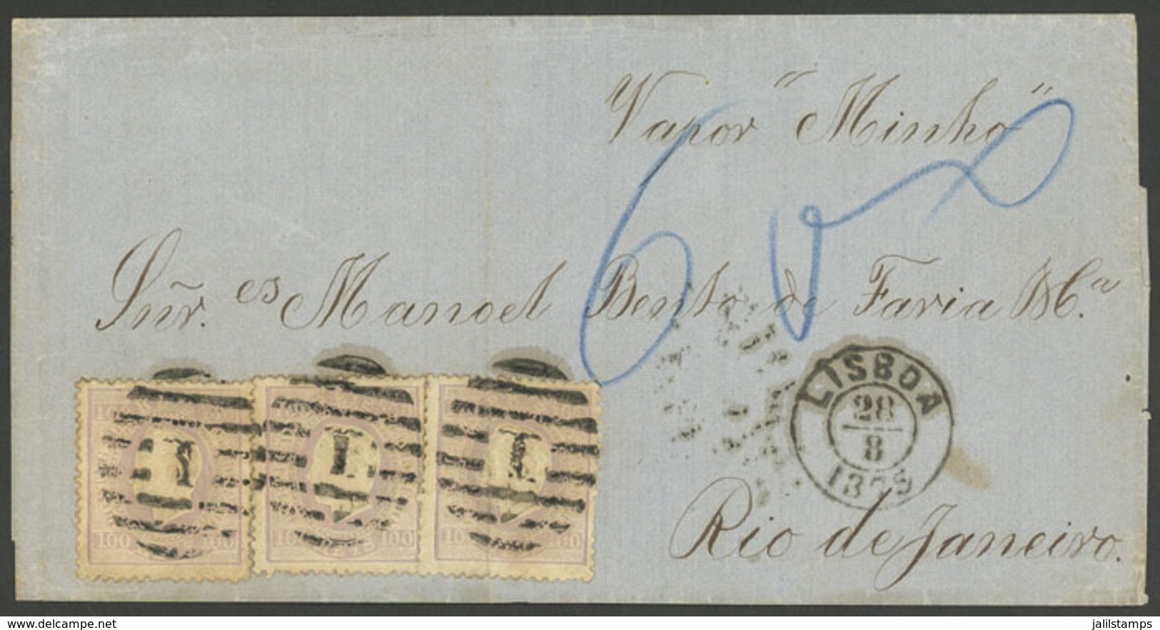 PORTUGAL: Folded Cover Sent From Lisboa To Rio De Janeiro On 28/AU/1875 By Steamer Minho Of Royal Mail, Franked With 300 - Andere & Zonder Classificatie