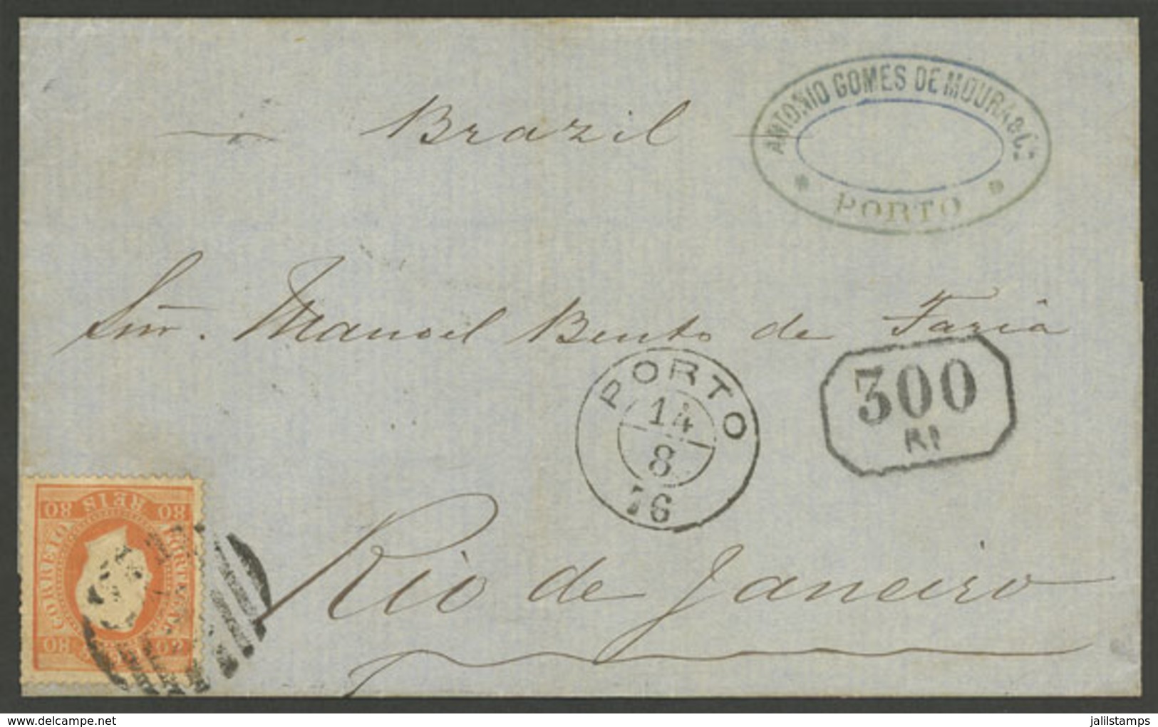 PORTUGAL: 14/AU/1876 Porto - Rio De Janeiro: Folded Cover Franked With 80Rs. Perf 13½ (Sc.44c), Postage Due Mark For 300 - Autres & Non Classés