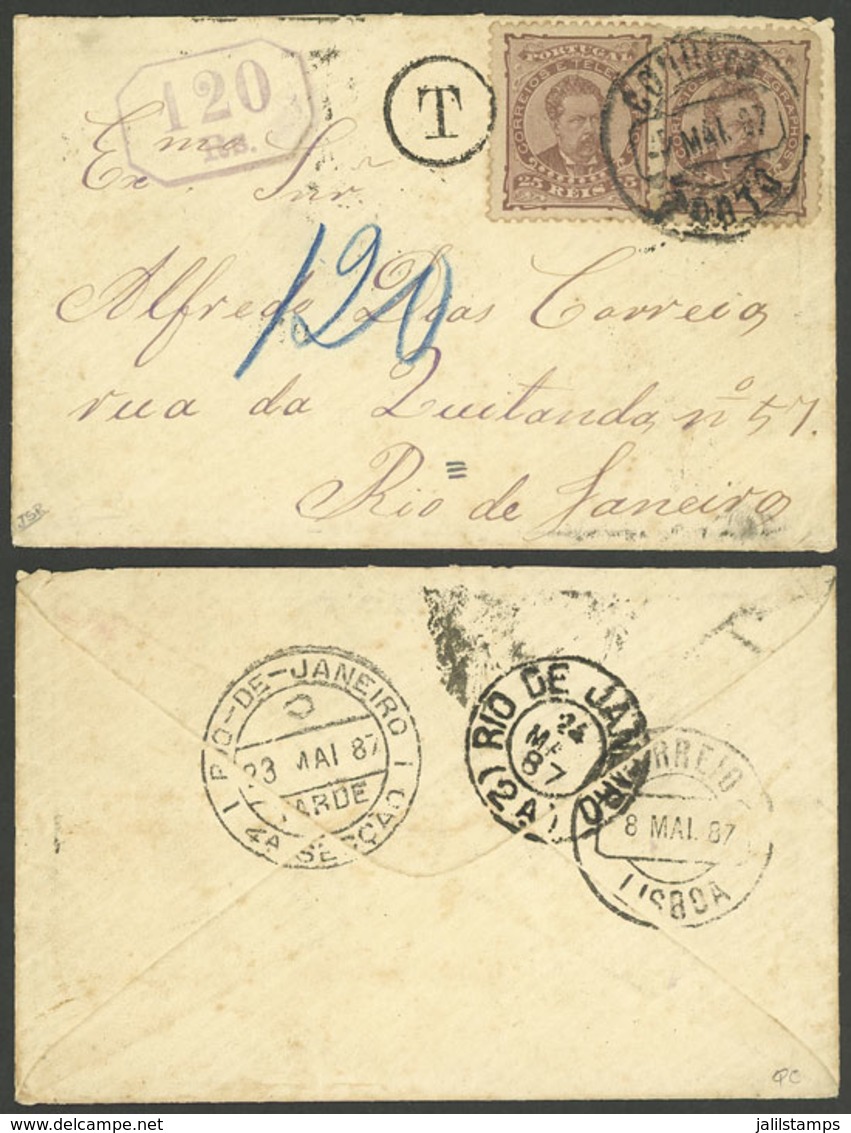 PORTUGAL: 5/MAY/1887 Porto - Rio De Janeiro: Cover Franked With 50Rs. (2 Stamps Of 25rs. D.Luis) And Postage Due Marks ( - Altri & Non Classificati
