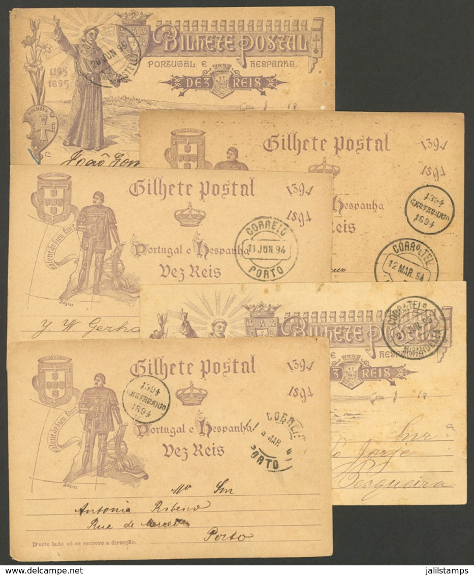 PORTUGAL: 5 Illustrated Postal Cards (religion, Ships, Maps, Coats Of Arms, Sword, Etc.), Used Between 1894 And 1895, In - Autres & Non Classés