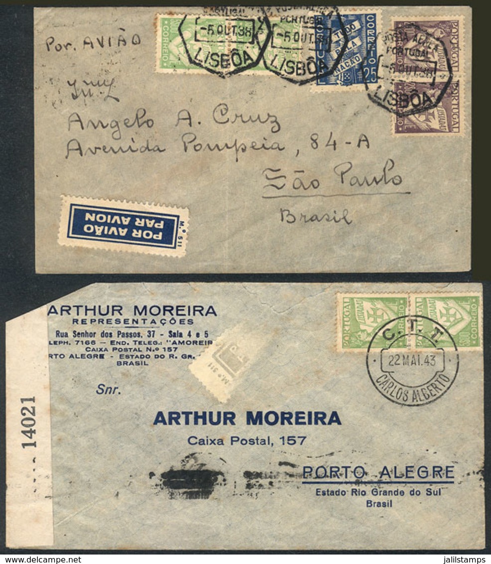 PORTUGAL: 2 Airmail Covers Sent To Brazil In 1938 And 1943, Nice Postages! - Autres & Non Classés