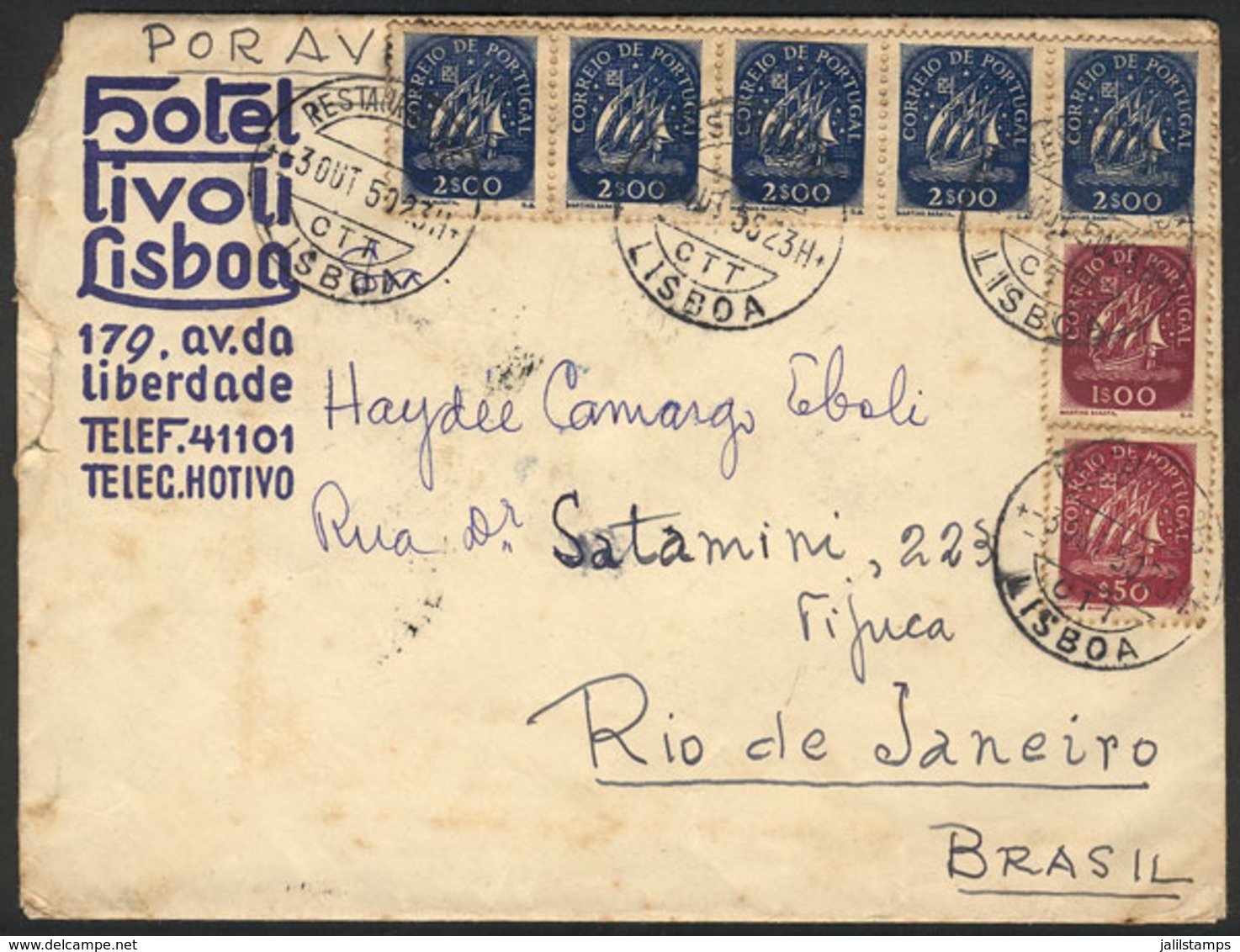 PORTUGAL: Cover With Corner Card Of HOTEL TIVOLI (Lisboa) Sent To Rio De Janeiro On 3/AU/1950, Minor Defects, Very Nice! - Autres & Non Classés