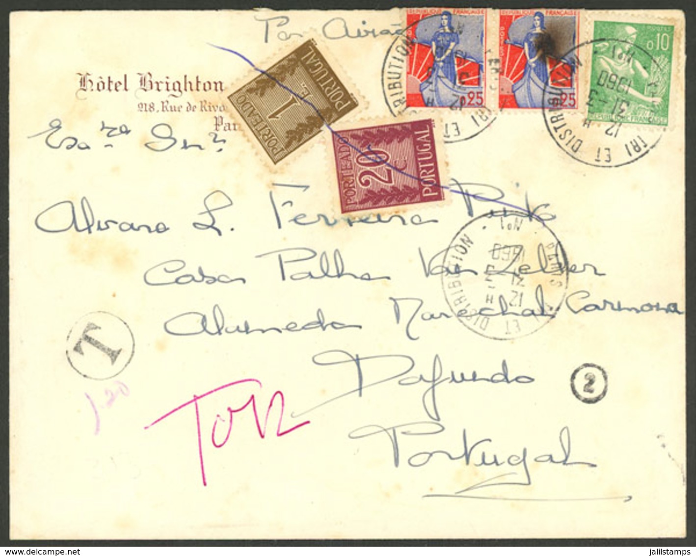 PORTUGAL: Cover Sent From France To Portugal On 31/MAR/1960, With Portuguese POSTAGE DUE Stamps, Minor Faults, Very Nice - Autres & Non Classés