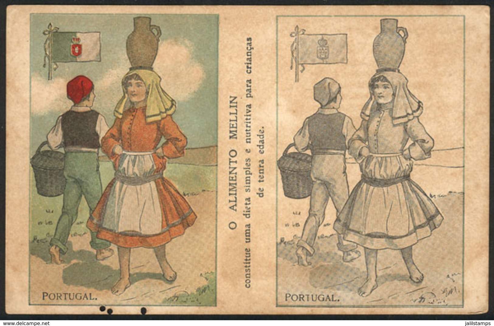 PORTUGAL: Postcard With Advertising For Children's Food "MELLIN", Illustrated With View Of Woman Carrying A Vessel On He - Autres & Non Classés