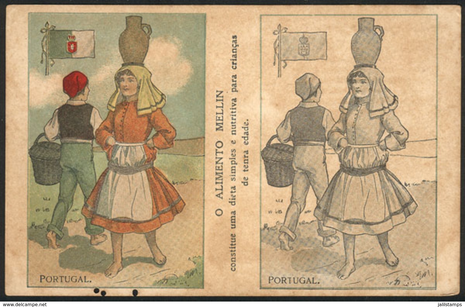 PORTUGAL: Postcard With Advertising For Children's Food "MELLIN", Illustrated With View Of Woman Carrying A Vessel On He - Altri & Non Classificati