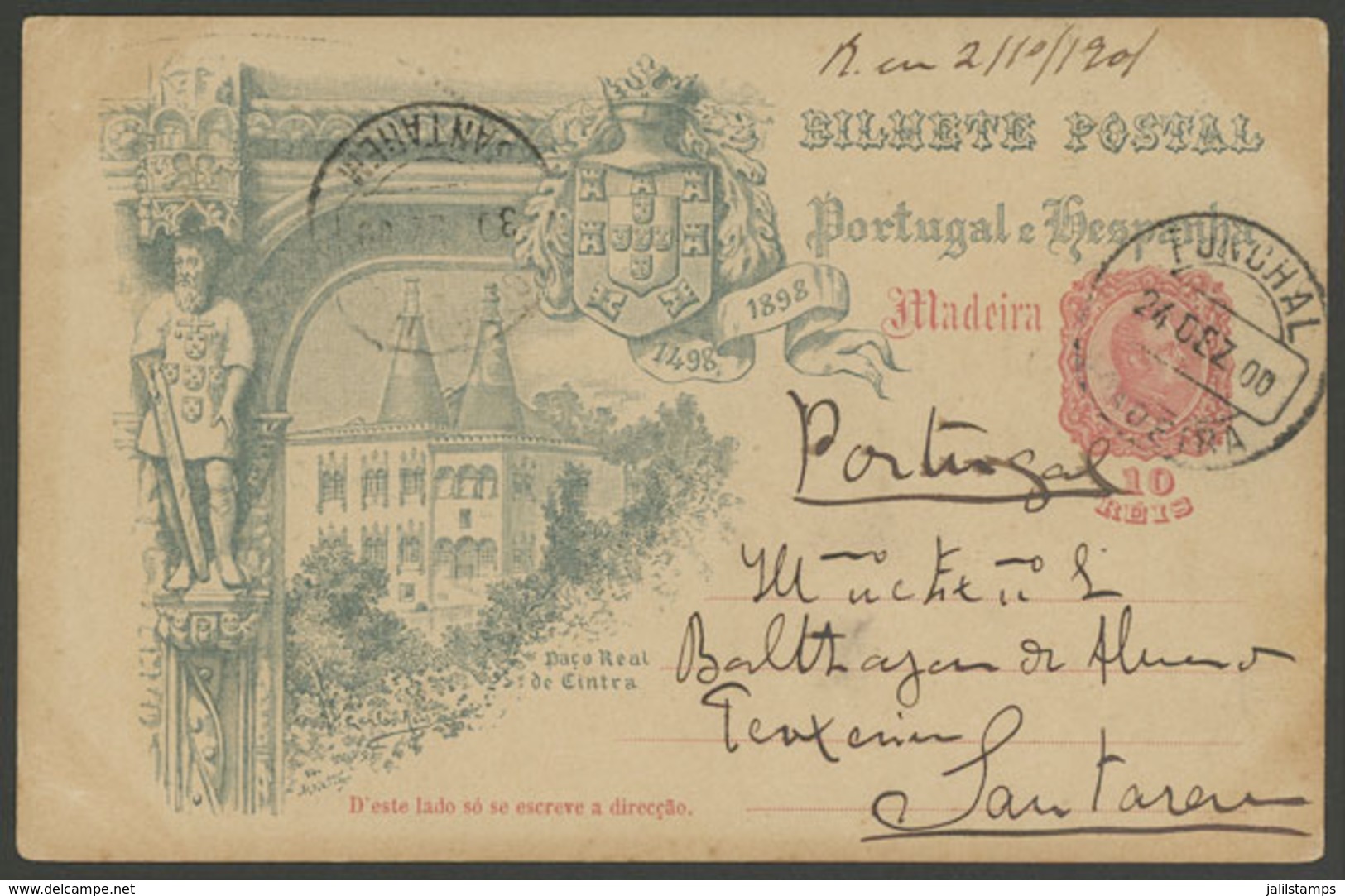 PORTUGAL - MADEIRA: Illustrated Postal Card Of 10Rs. (royal Palace, Coat Of Arms, Etc.) Sent From Funchal To Santarem On - Madère