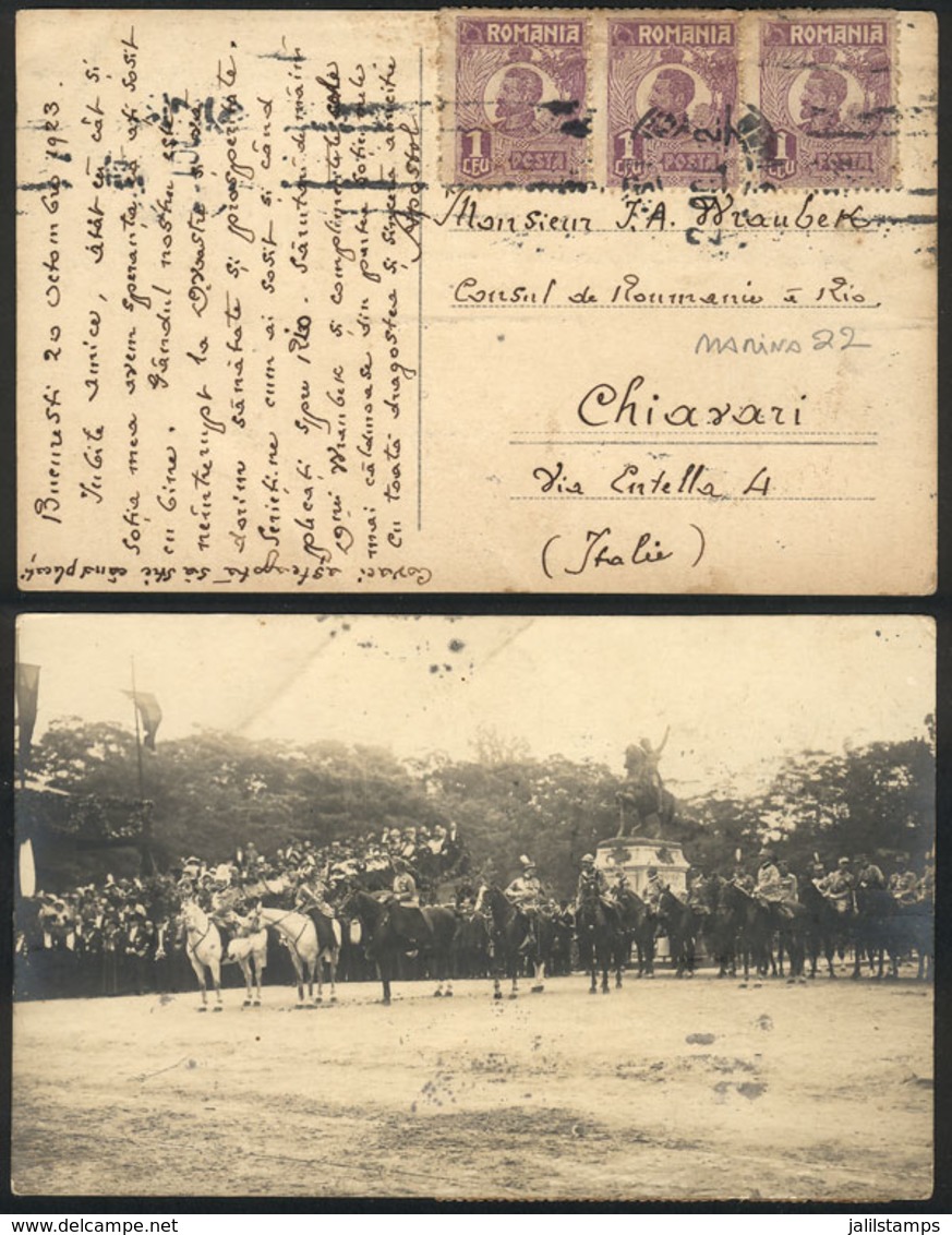 ROMANIA: Postcard With Nice View Of A Military Formation, Franked With 3L. And Sent From Bucarest To Italy On 20/OC/1923 - Autres & Non Classés