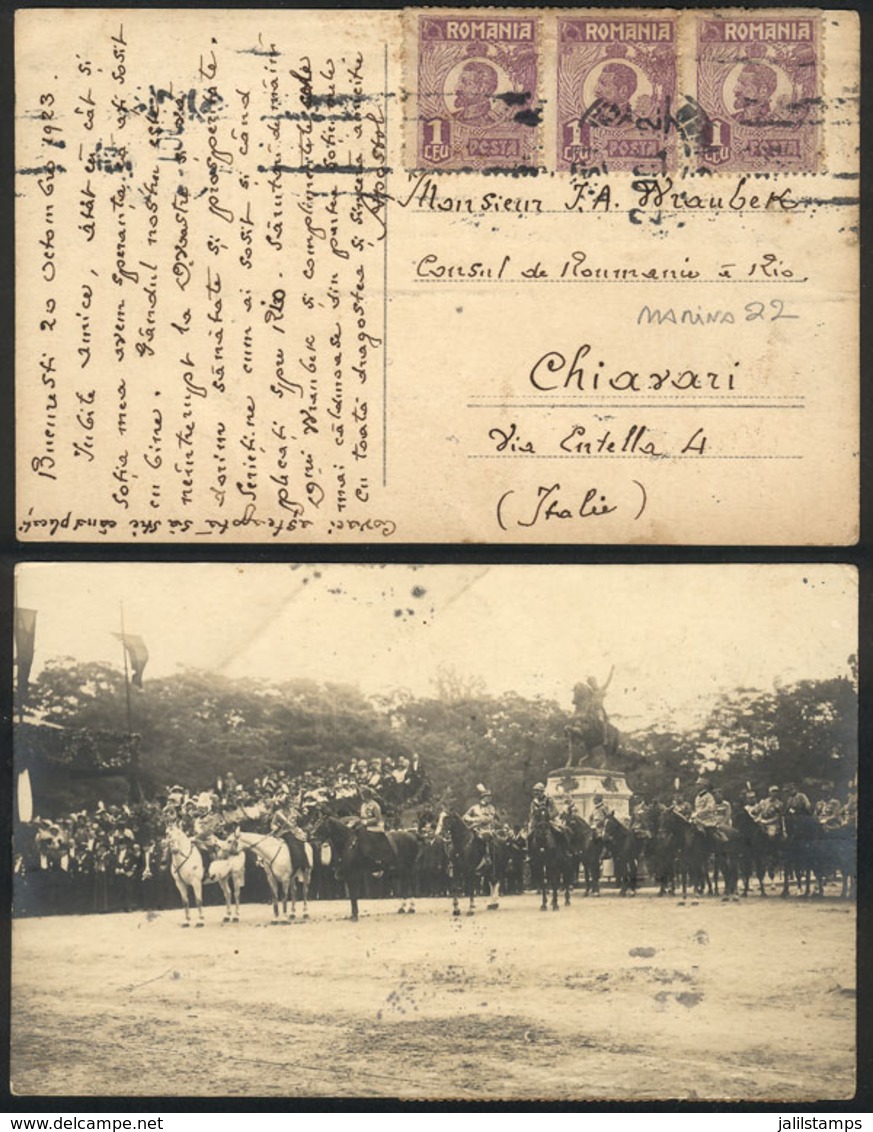 ROMANIA: Postcard With Nice View Of A Military Formation, Franked With 3L. And Sent From Bucarest To Italy On 20/OC/1923 - Altri & Non Classificati