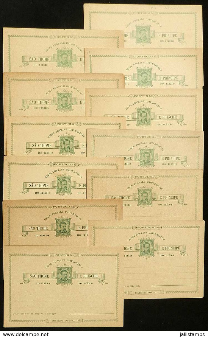 SAO TOME AND PRINCIPE: 12 Postal Cards Of 30Rs. Of 1885, Unused, With Some Varieties In Impression, Color And Paper, VF  - St. Thomas & Prince