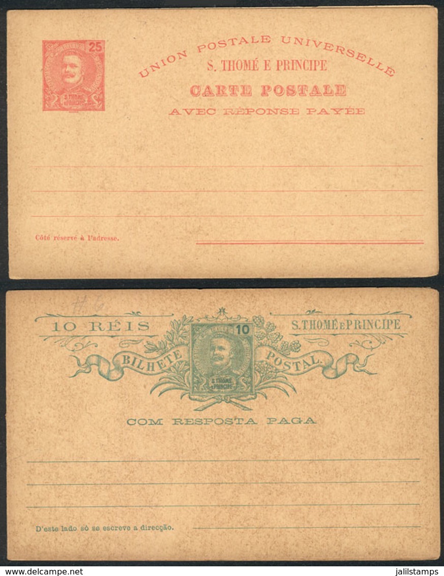 SAO TOME AND PRINCIPE: 2 Double Postal Cards Of 1903 (with Reply Paid) Of 10+10Rs. And 25+25Rs., Unused, Excellent Quali - St. Thomas & Prince