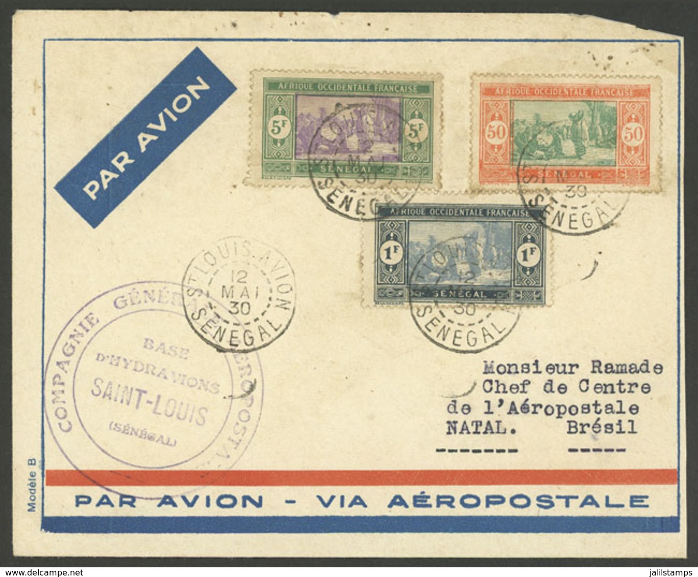 SENEGAL: 12/MAY/1930 St. Louis - Natal (Brazil), First Flight By C.G.A., Pilot Mermoz, With Special Violet Handstamp. Wi - Autres & Non Classés