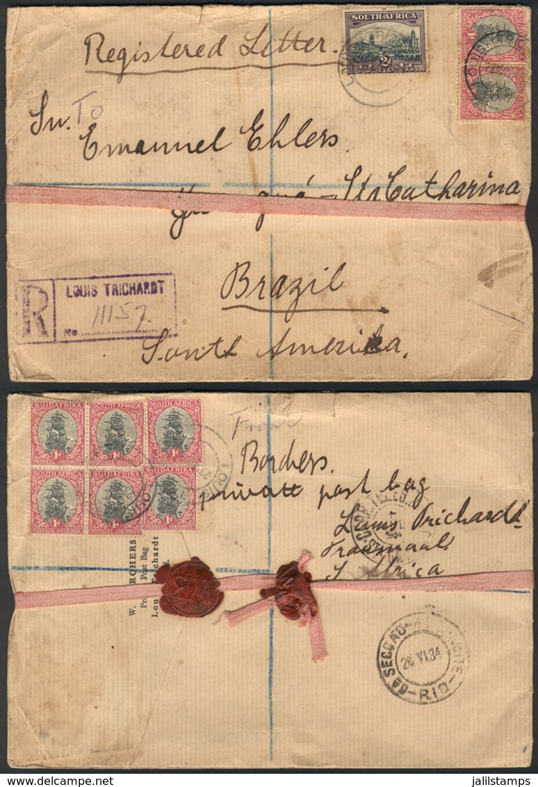 SOUTH AFRICA: Registered Cover Sent From LOUIS TRICHARST To Brazil On 26/MAY/1934, Nice Postage Applied On Front And Bac - Autres & Non Classés