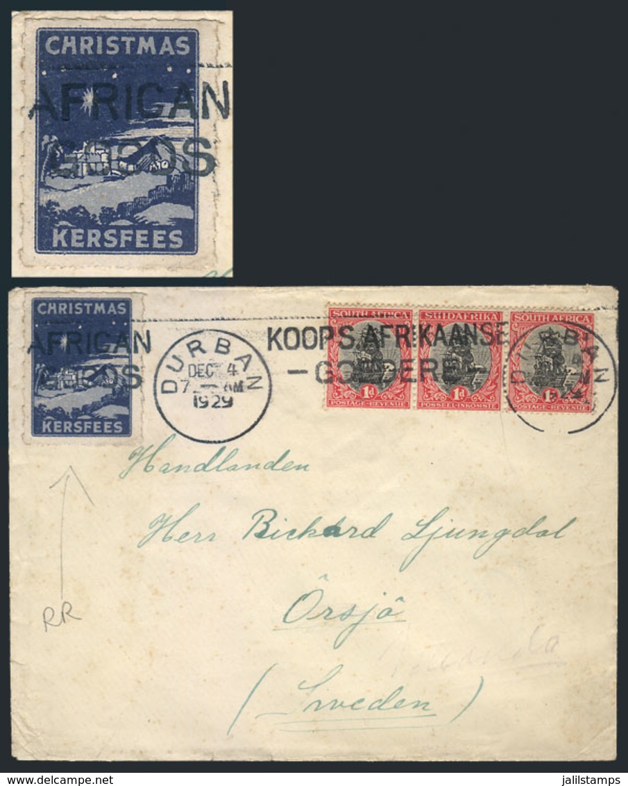 SOUTH AFRICA: Cover Sent From Durban To Sweden On 4/DE/1929, With Interesting Cinderella Topic CHRISTMAS, Very Nice! - Autres & Non Classés