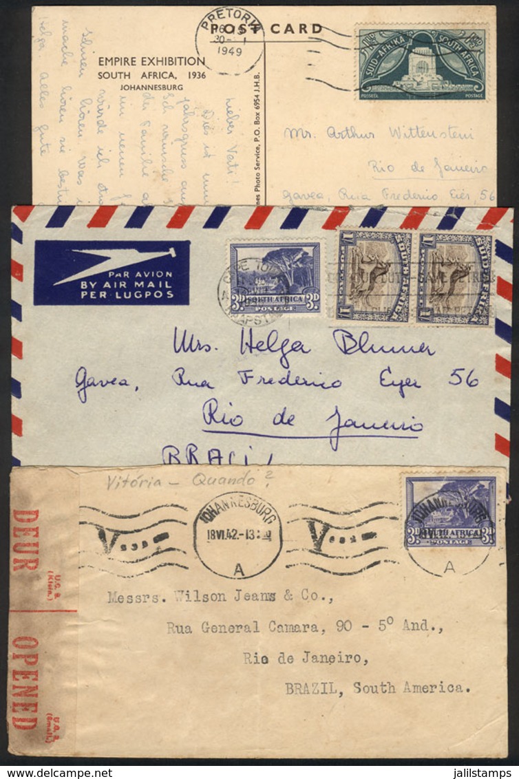 SOUTH AFRICA: 2 Covers + 1 Card Sent To Rio De Janeiro Between 1942 And 1950, Nice Postages, The PC Is Of The Empire Exh - Autres & Non Classés