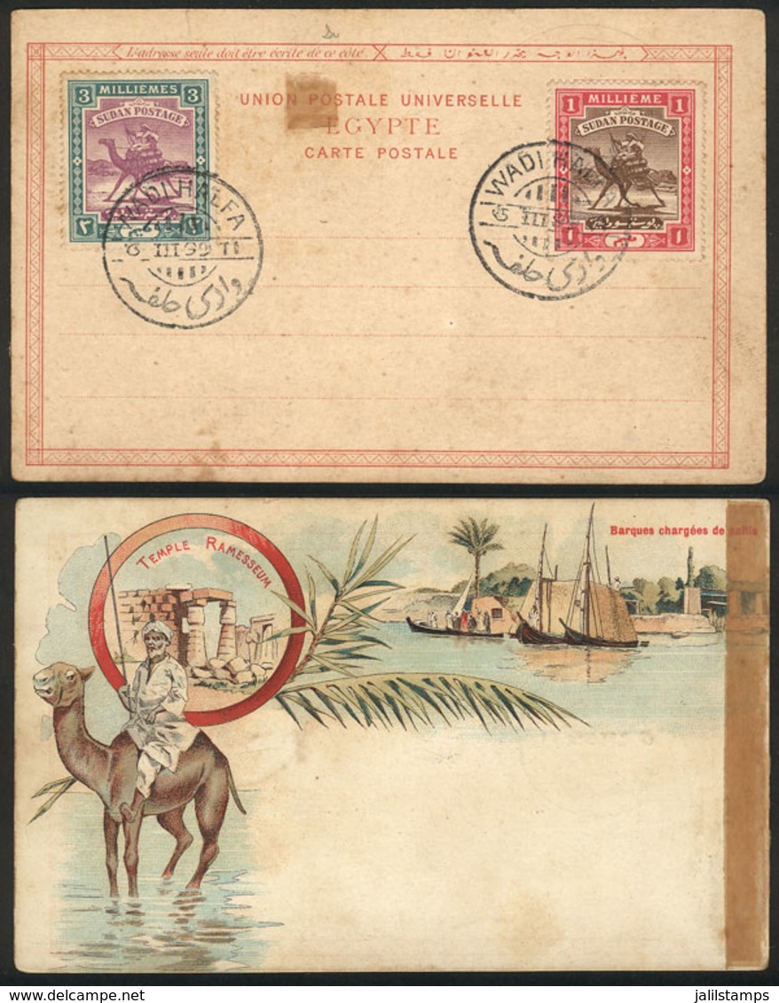 SUDAN: Beautiful Unused Postcard, Franked With Stamps Of 1m. And 3m. Cancelled: "WADI HALFA 6/MAR/1899"" - Soudan (...-1951)