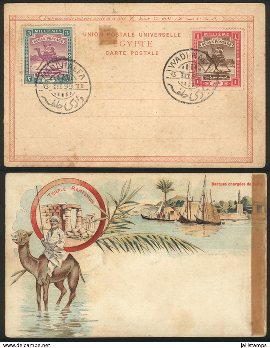 SUDAN: Beautiful Unused Postcard, Franked With Stamps Of 1m. And 3m. Cancelled: "WADI HALFA 6/MAR/1899"" - Sudan (...-1951)