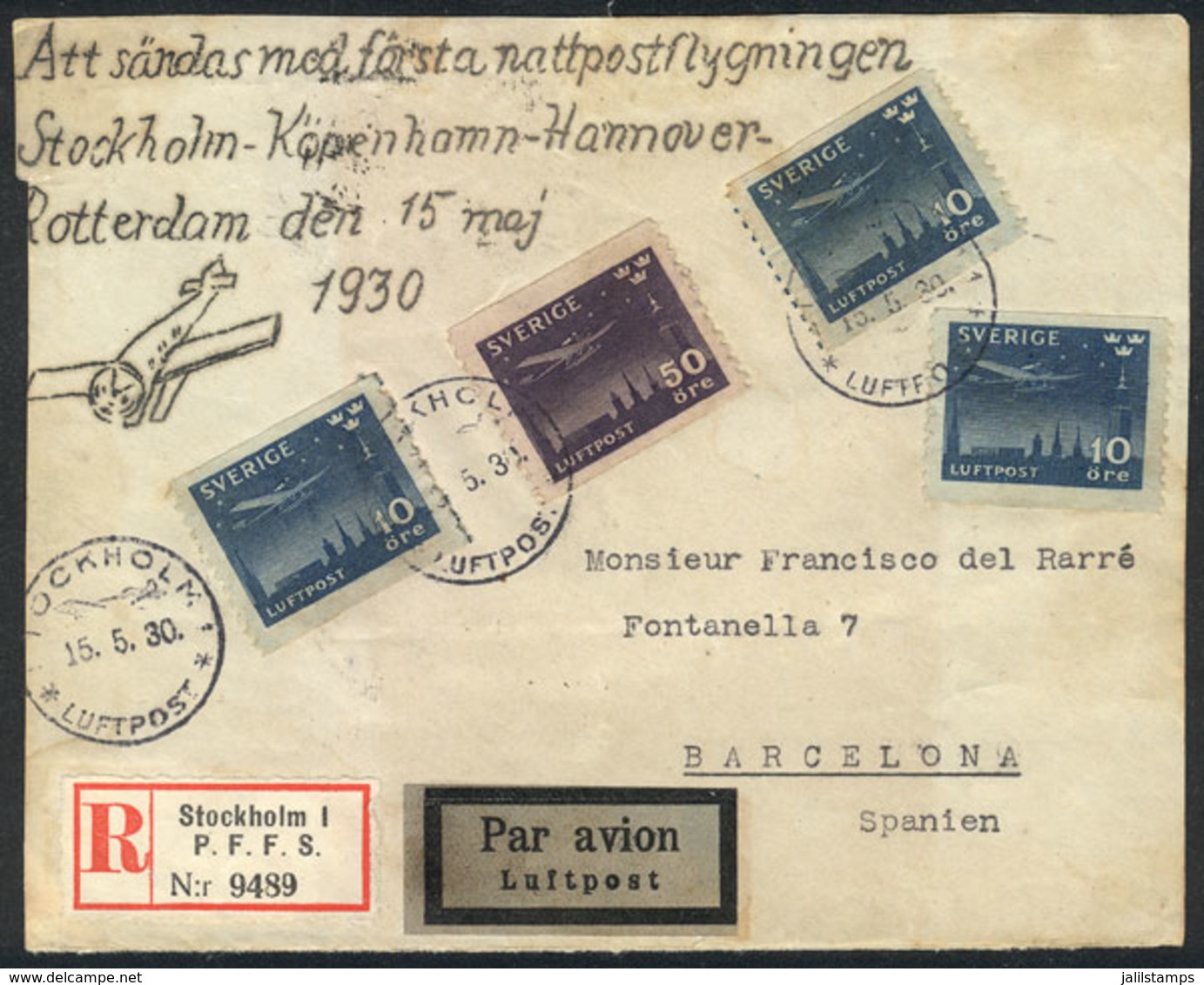 SWEDEN: Front Of Cover Sent From Stockholm To Barcelona On 15/MAY/1930, Carried On The First Night Flight Stockholm-Rott - Lettres & Documents