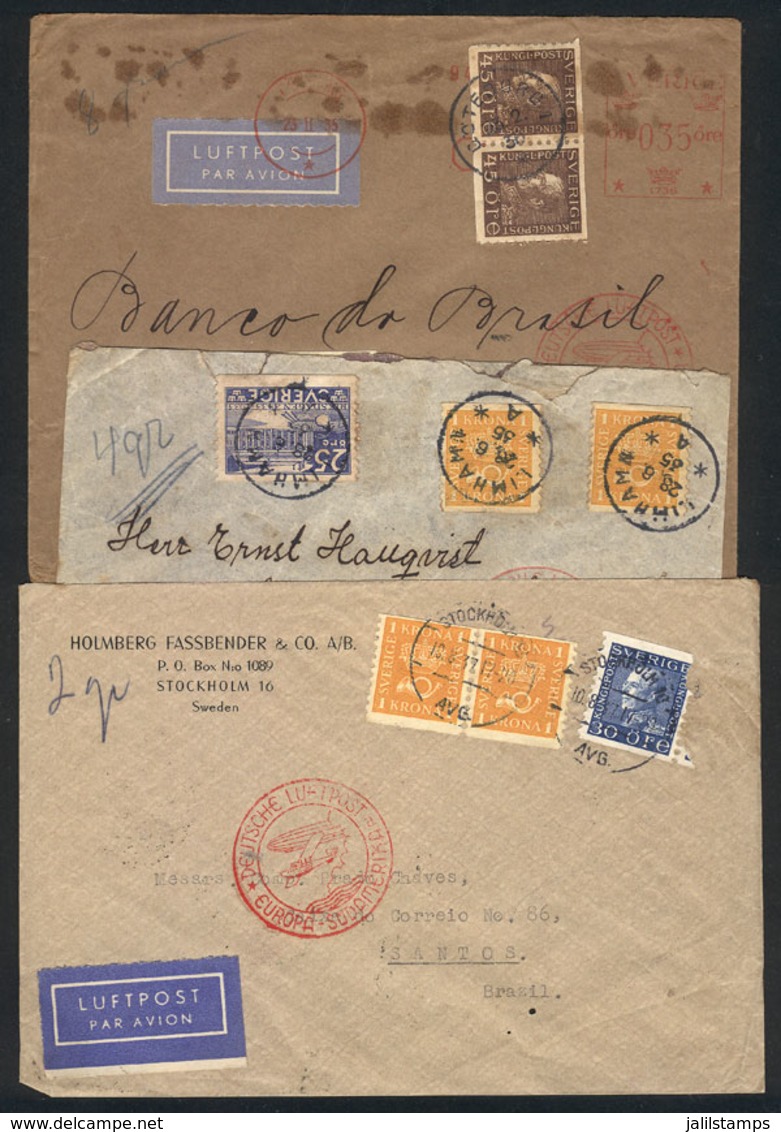 SWEDEN: 3 Airmail Covers Sent To Brazil Between 1935 And 1937, All Via Germany (DLH), One With MIXED Postage Meter + Pos - Storia Postale