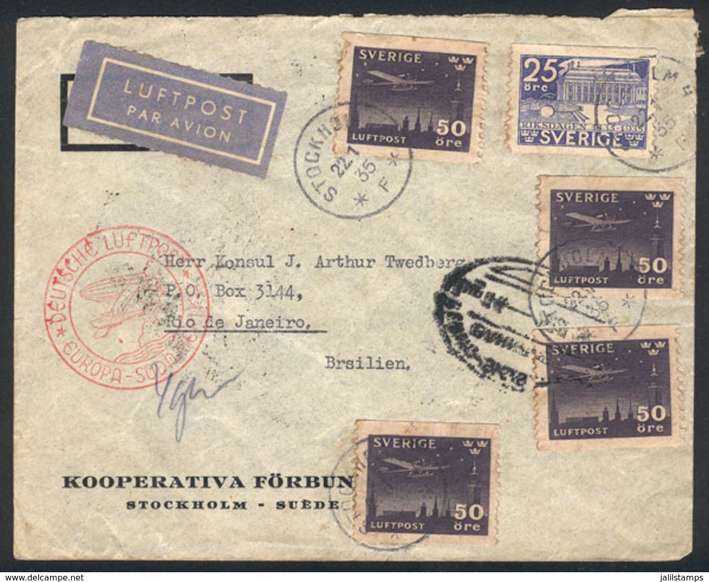SWEDEN: 22/JA/1935 Stockholm - Rio De Janeiro: Airmail Cover Sent Via Germany (DLH), Very Attractive! - Briefe U. Dokumente