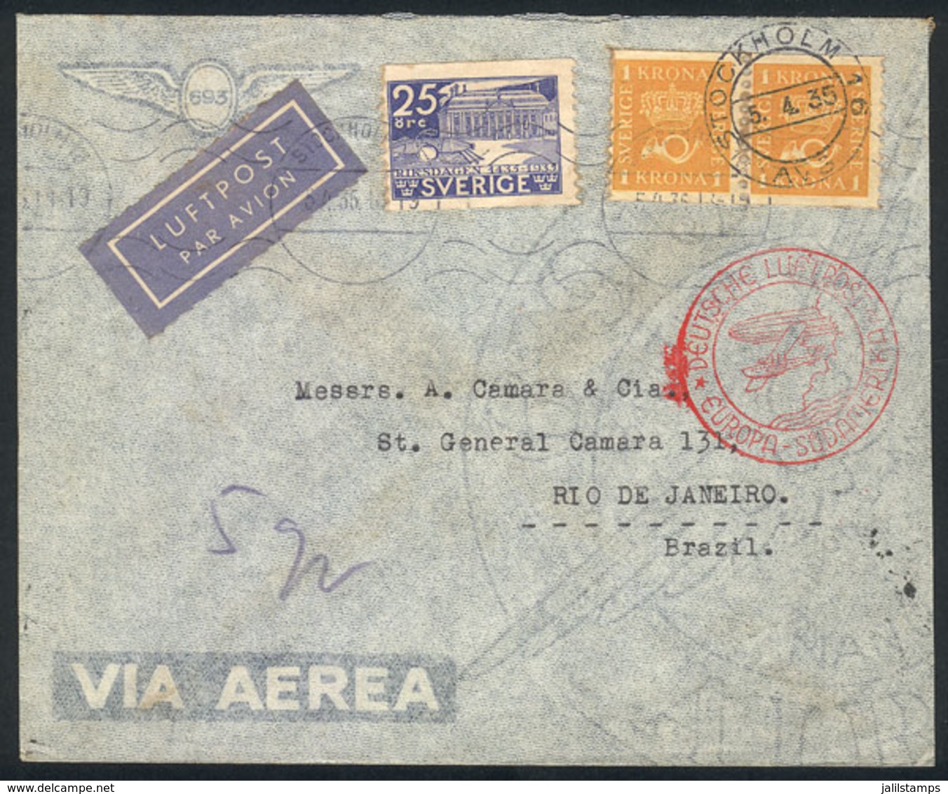 SWEDEN: 5/AP/1935 Stockholm - Rio De Janeiro: Airmail Cover Sent Via Germany (DLH), VF Quality! - Storia Postale