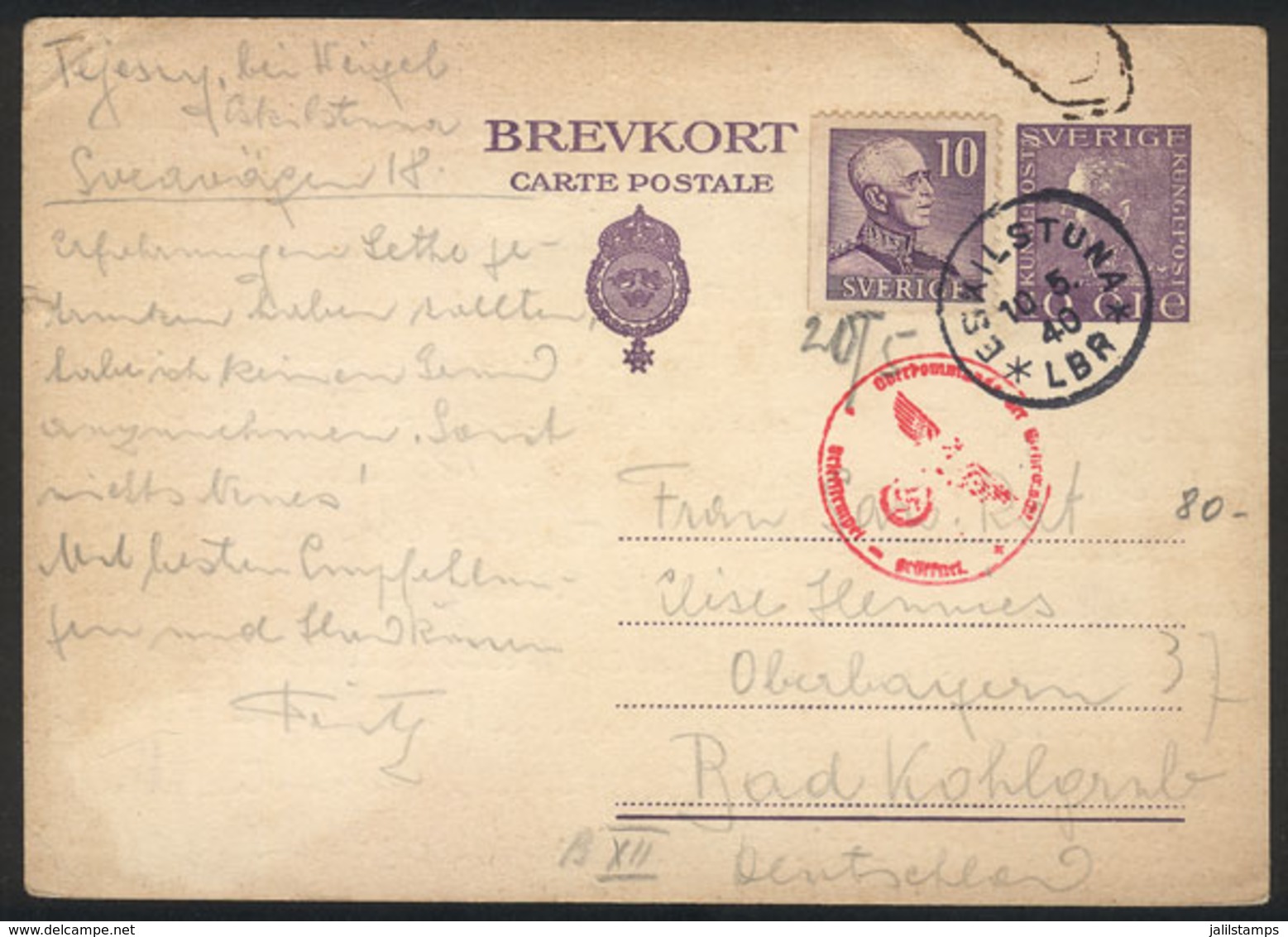 SWEDEN: Postal Card Sent From Eskilstuna To Germany On 10/MAY/1940, With NAZI CENSOR Mark, Minor Faults, Interesting! - Lettres & Documents