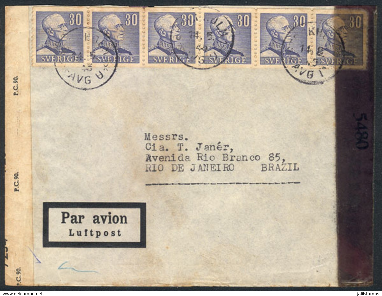 SWEDEN: Airmail Cover Sent To Rio De Janeiro On 4/MAY/1945, Double Censor, VF! - Lettres & Documents