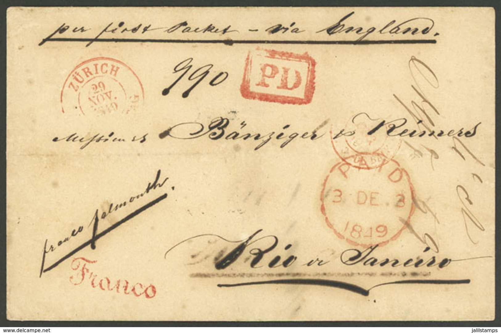 SWITZERLAND: 29/NO/1849 Zurich - Rio De Janeiro: Folded Cover Sent Via England, With The Red Marks "ZÜRICH - NACHM." (29 - ...-1845 Préphilatélie