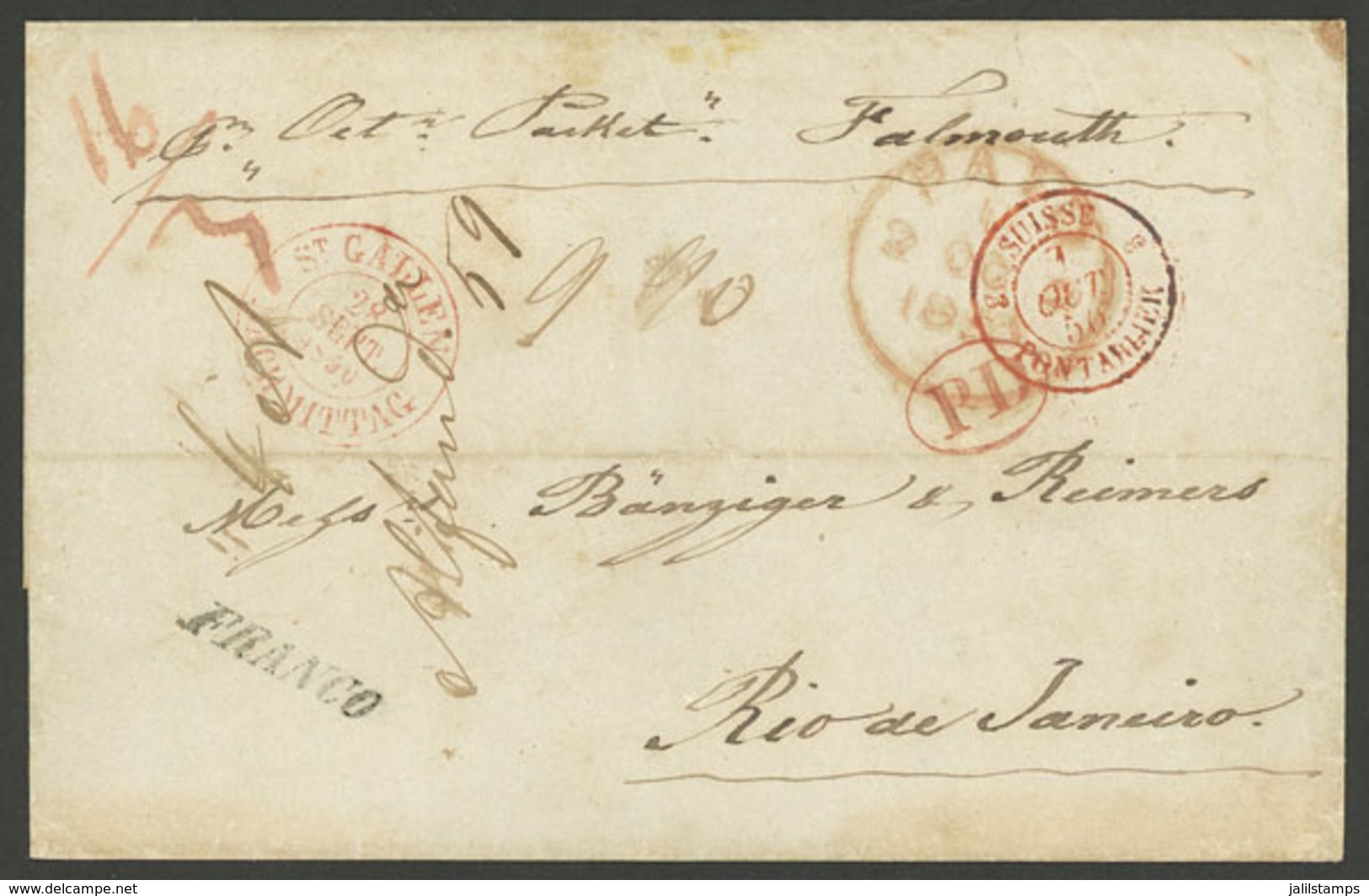 SWITZERLAND: 28/SE/1850 St. Gallen - Rio De Janeiro: Folded Cover Sent Via Falmouth, With The Red Marks: "ST. GALLEN - N - ...-1845 Préphilatélie