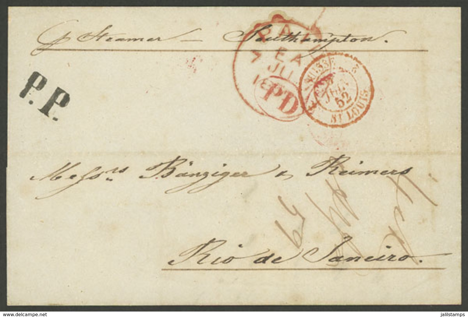 SWITZERLAND: 3/JUN/1852 St. Gallen - Rio De Janeiro: Folded Cover Sent Via Southampton, With The Red Marks: "SUISSE - ST - ...-1845 Préphilatélie