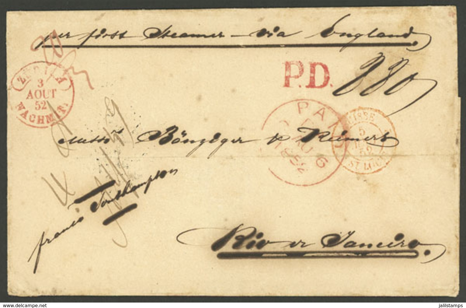 SWITZERLAND: 3/AU/1852 Zurich - Rio De Janeiro: Folded Cover Sent Via England, With The Red Marks "ZÜRICH - NACHM." (3/A - ...-1845 Préphilatélie