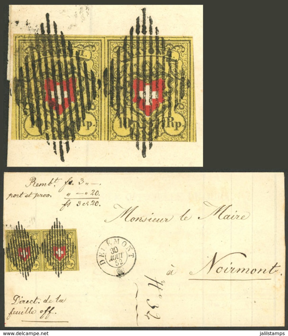 SWITZERLAND: 30/AU/1852 DELÉMONT - Noirmont: Folded Cover Franked With Pair Sc.8 (20Rp.), VF Quality! - ...-1845 Préphilatélie