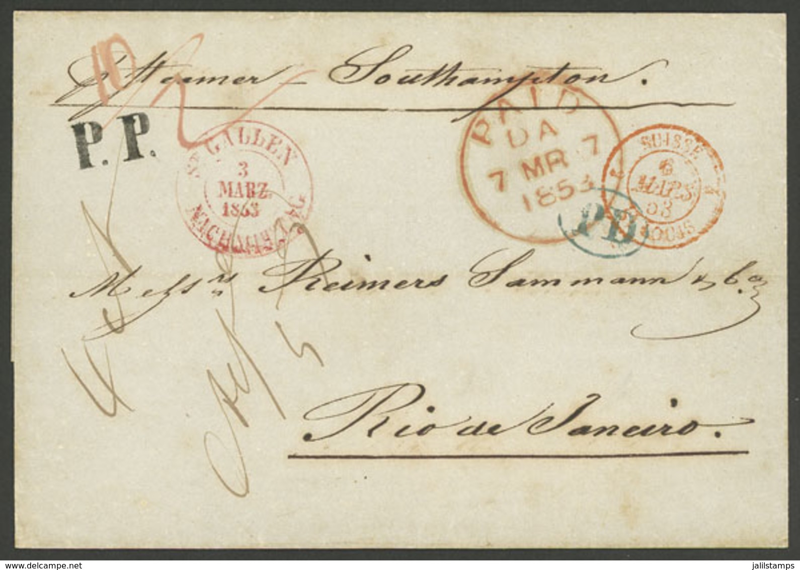 SWITZERLAND: 3/MAR/1853 St. Gallen - Rio De Janeiro: Folded Cover Sent Via Southampton, With The Red Marks: "ST. GALLEN  - ...-1845 Préphilatélie