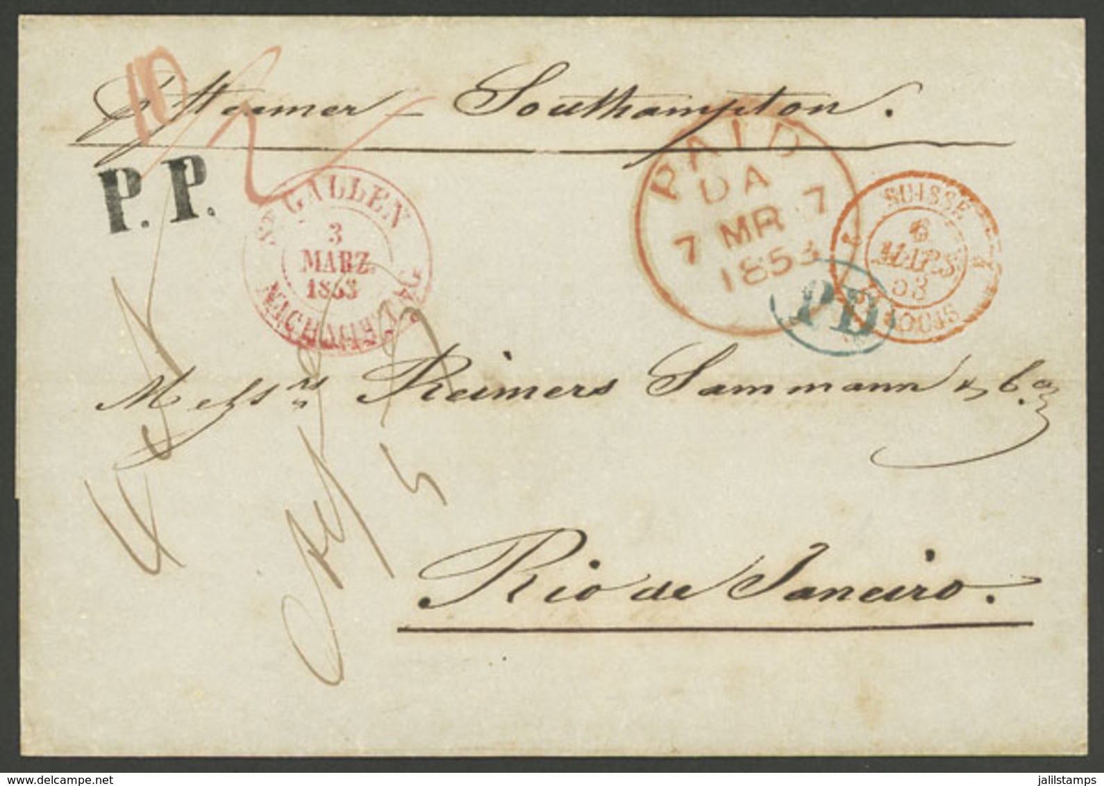 SWITZERLAND: 3/MAR/1853 St. Gallen - Rio De Janeiro: Folded Cover Sent Via Southampton, With The Red Marks: "ST. GALLEN  - ...-1845 Prefilatelia