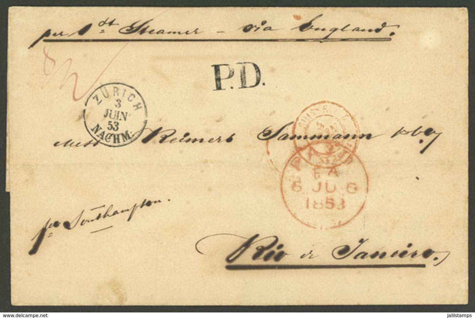 SWITZERLAND: 3/JUN/1853 Zurich - Rio De Janeiro: Folded Cover Sent Via England, With The Marks "ZÜRICH - NACHM." In Blac - ...-1845 Préphilatélie