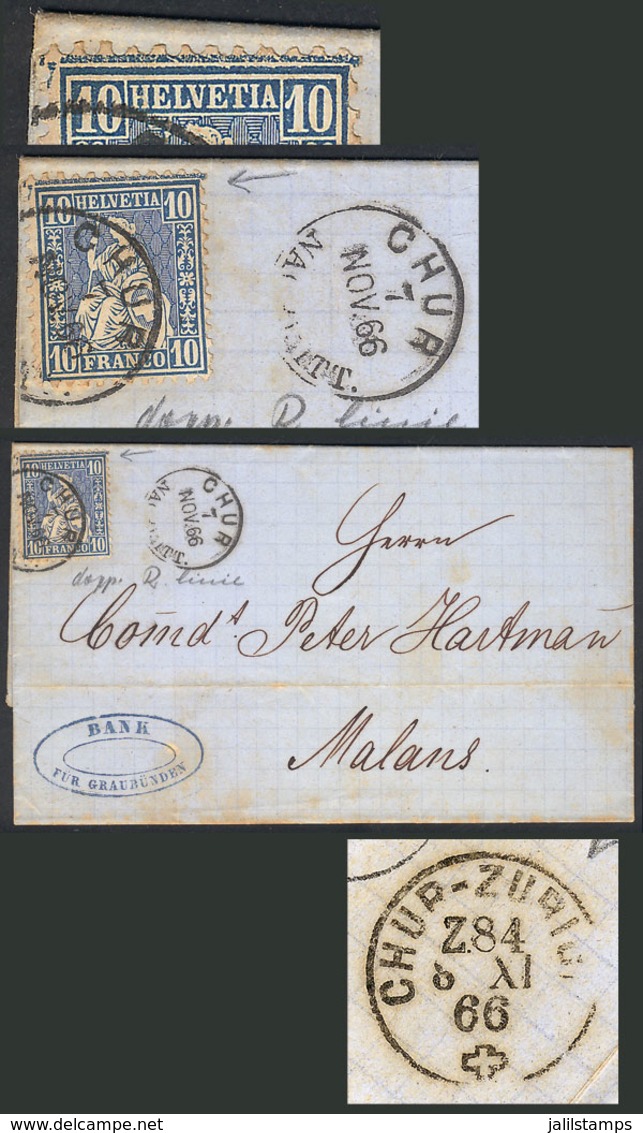 SWITZERLAND: 7/NO/1866 CHUR - Malans: Entire Letter Franked By Sc.44 (10c. Blue) WITH VARIETY: Double Frame Line At Top, - ...-1845 Préphilatélie