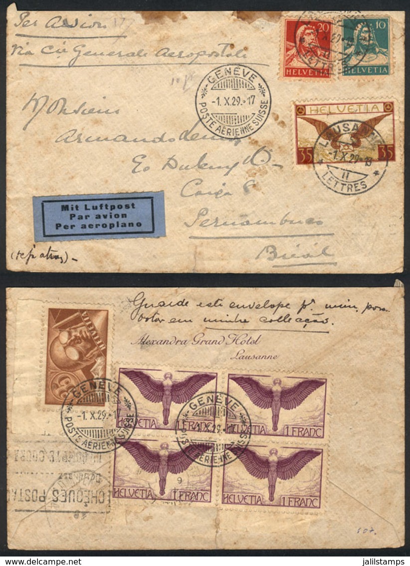 SWITZERLAND: Airmail Cover Sent From Geneve To Pernambuco (Brazil) On 1/OC/1929, Franked With 5Fr. (smooth Paper), By Ai - ...-1845 Préphilatélie