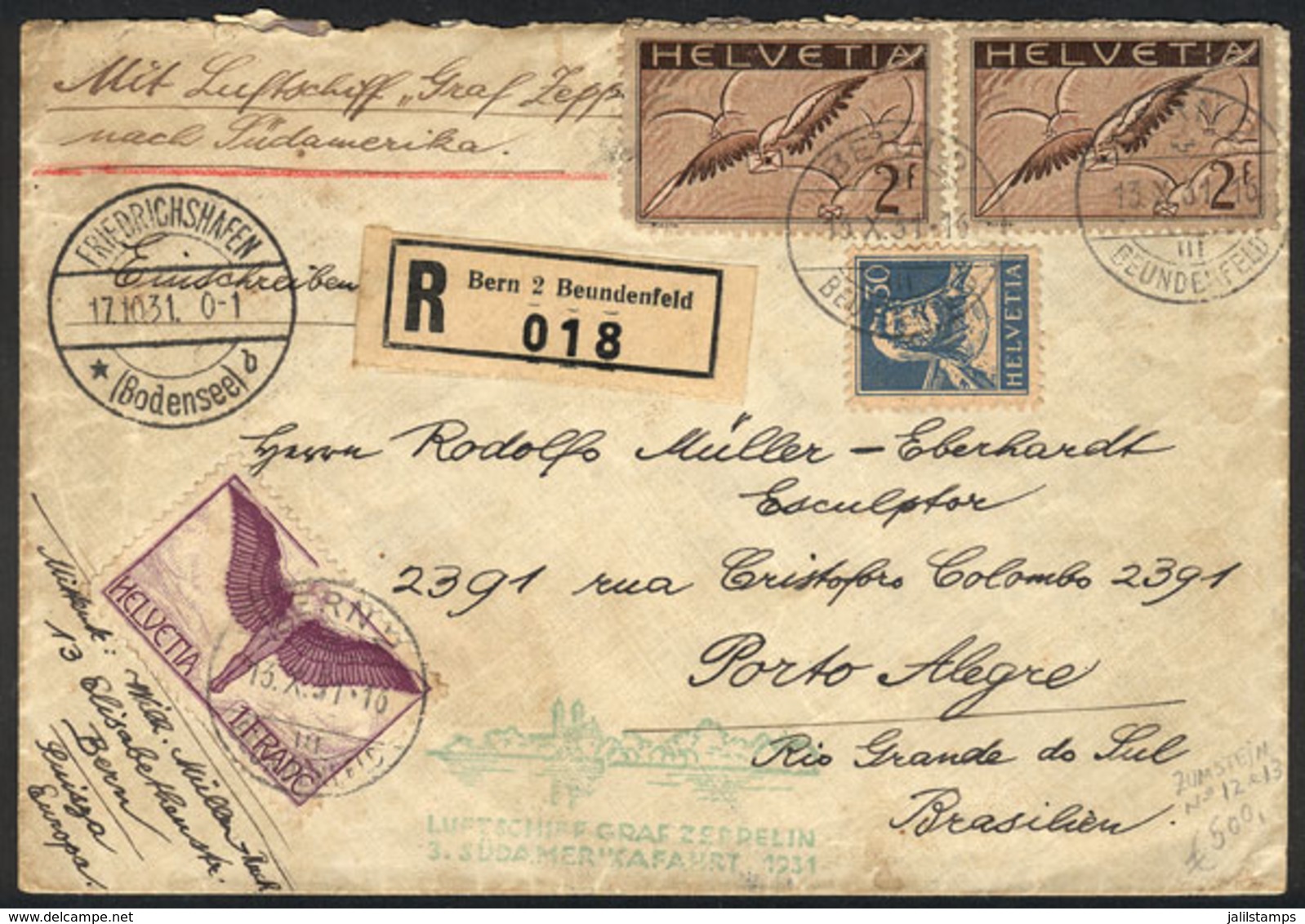 SWITZERLAND: Registered Cover Flown By ZEPPELIN, Sent From Bern To Porto Alegre (Brazil) On 13/OC/1931 Franked With 5Fr. - ...-1845 Préphilatélie