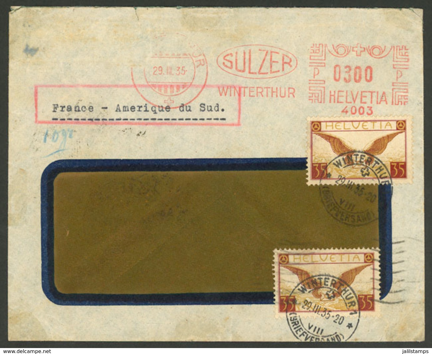 SWITZERLAND: 29/MAR/1935 Winterthur - Rio De Janeiro: Airmail Cover Sent By Air France With Mixed Postage (meter + Posta - ...-1845 Préphilatélie